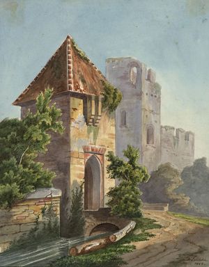 Zeichnung einer Landschaft mit Häuser.