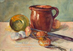 Ausstellungsplakat zeigt ein Stillleben mit Kochlöffel, Kanne, Eier und Zwiebeln.