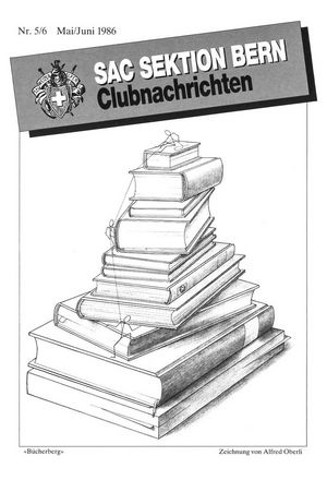 Bild zeigt eine Zeichnung eines Bücherstapels. Das Bild entspricht dem Titelblatt der Zeitschrift SAC-Sektion Bern Clubnachrichten vom Mai/Juni 1986.