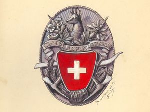 Entwurf eines Club-Abzeichens für den SAC. In der mitte ist ein helvetisches Schild zu sehen. Darum herum Flora und Fauna welche in Berglandschaften typisch sind.