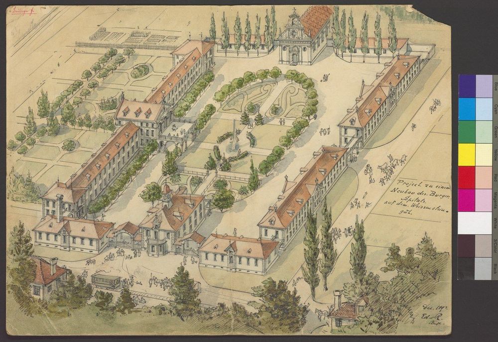 Karte zeigt Entwurf für das Burgerspital auf dem Weissensteingut aus der Vogelperspektive. Die Gebäude säumen einen grosszügigen Park.