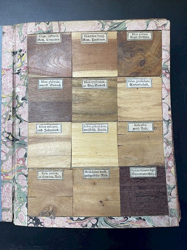 Foto des Buchs zeigt in quadratische, beschriftete Holzmuster, welche in einem 3 * 4 Raster angeordnet sind.